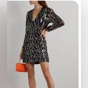 New Rixo Moss Metallic Feather JACQUARD Wrap-Front Mini Dress size US2